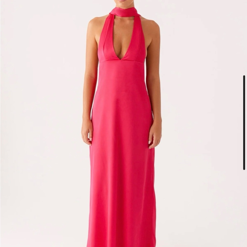 Peppermayo Satin Halter Maxi Dress in Hot Pink - Picture 3 of 5